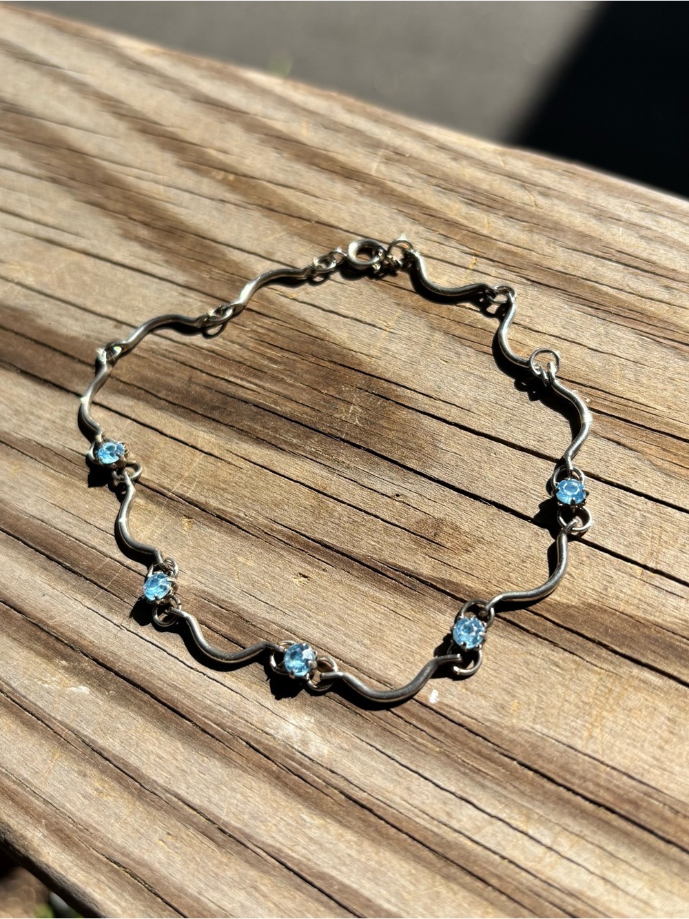 Vintage Silver Wave Bracelet with Pale Blue Stones